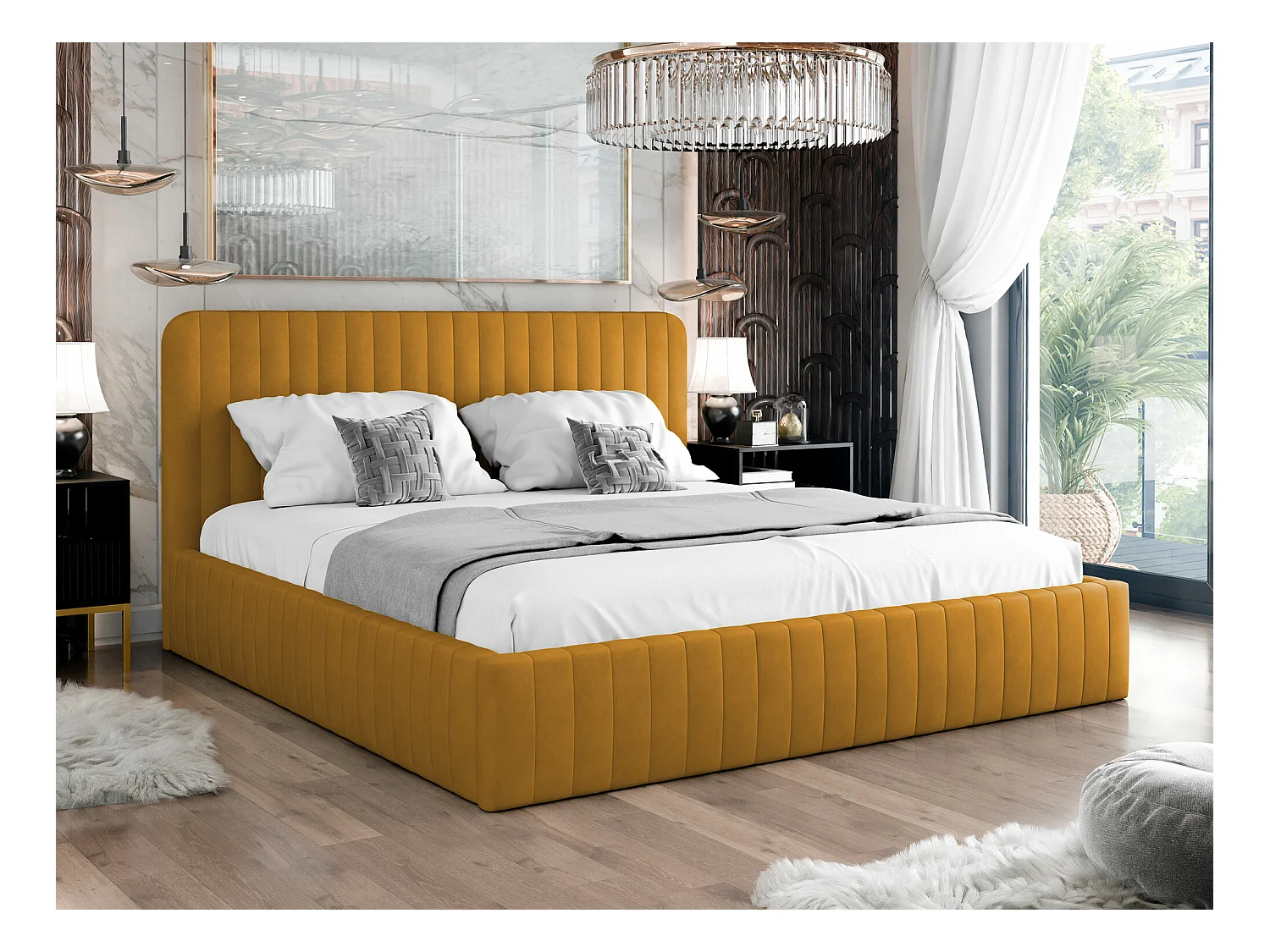 Lit TrendyNest 108, Double, Jaune, 180x200, Tapisserie, Sommier à lattes, 191x212x106cm