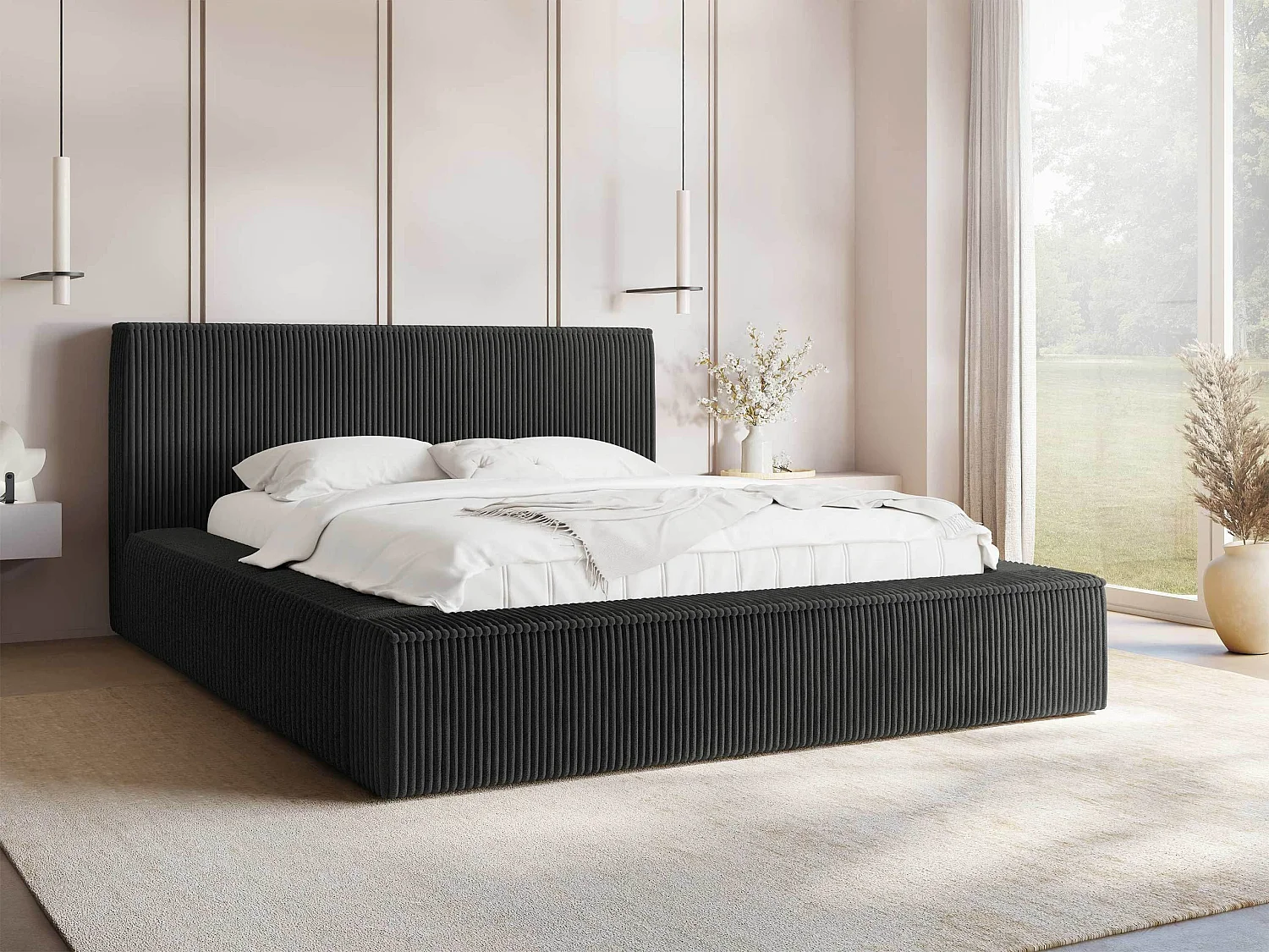 Cama TrendyNest 107, Casal, Preto, Tecido, Estrados de cama, 19x23x8cm