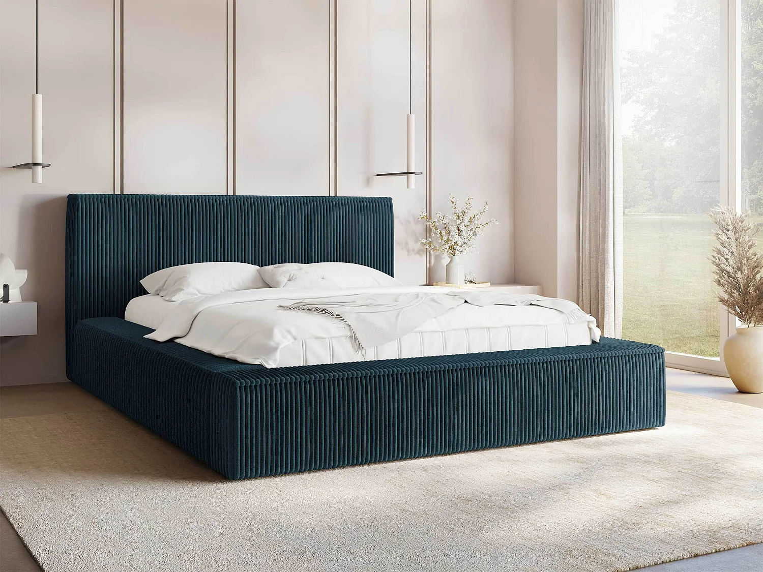Cama TrendyNest 107, Doble, Azul, 180x200, Tapiz, Somieres, 212x230x81cm