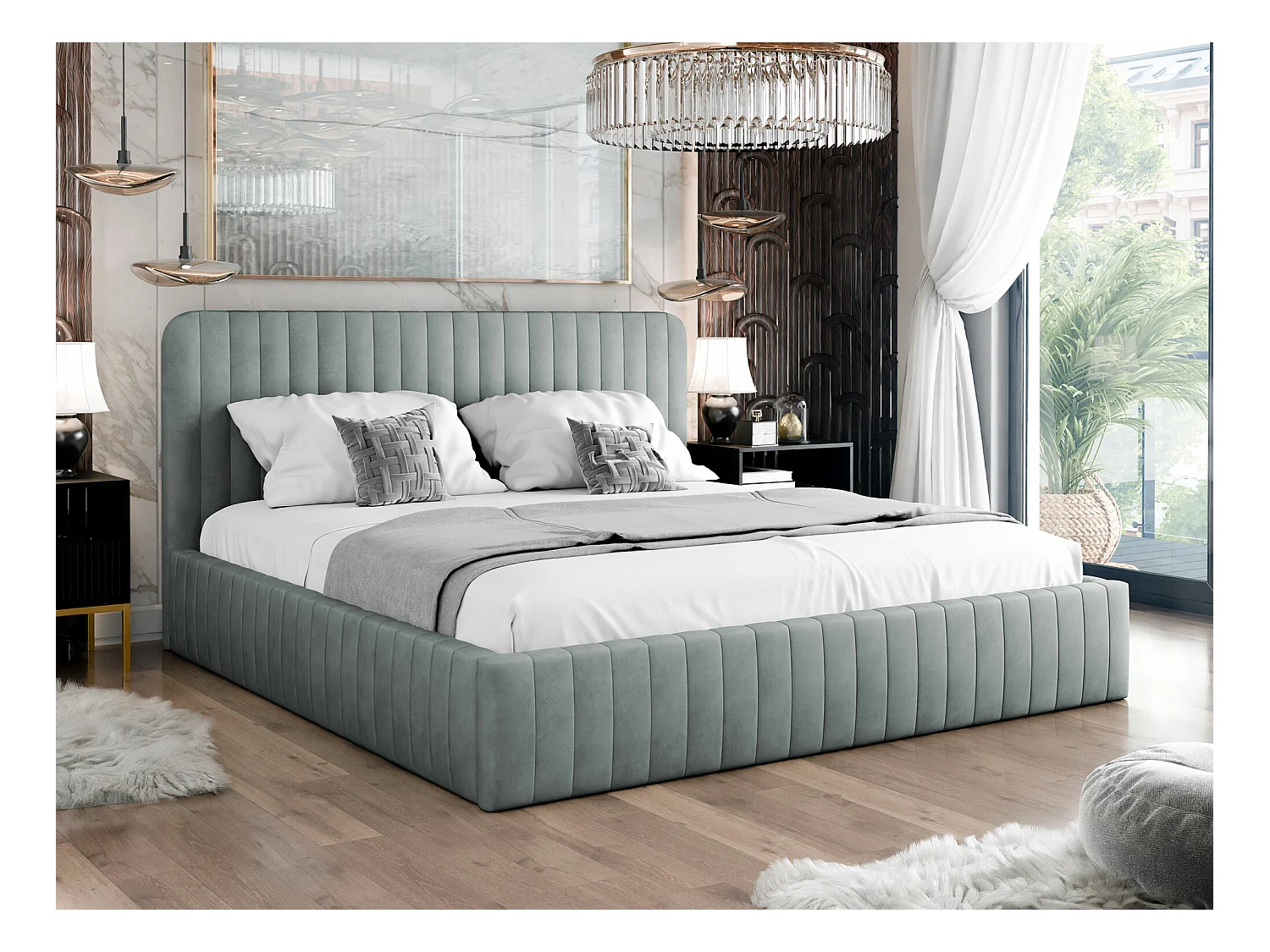 Lit TrendyNest 108, Double, Gris, 160x200, Tapisserie, Sommier à lattes, 171x212x106cm