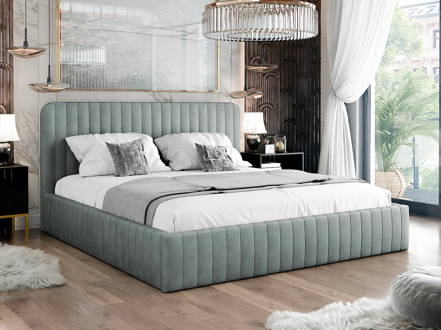 Cama TrendyNest 108, Doble, Gris, 160x200, Tapiz, Somieres, 171x212x106cm