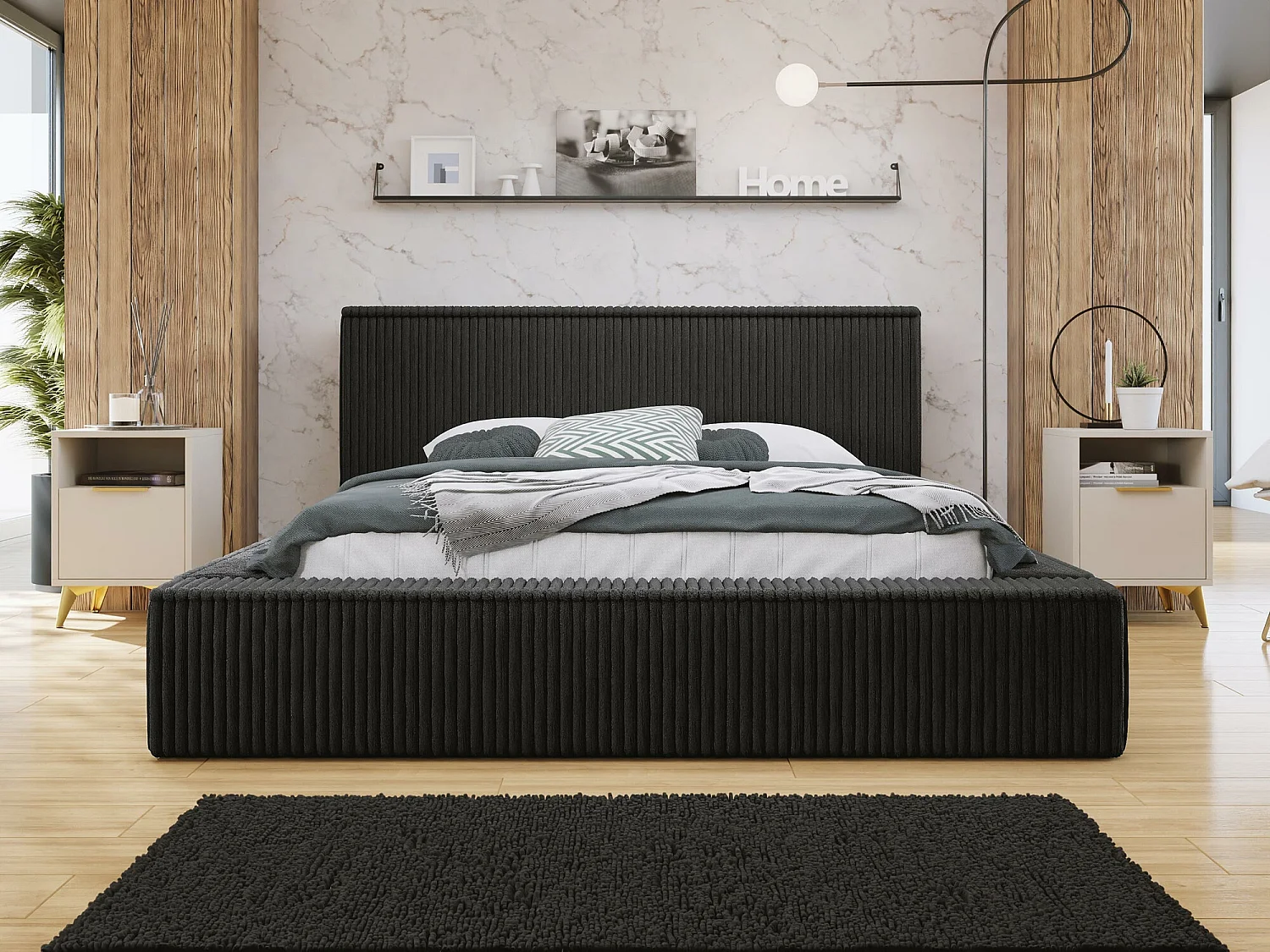 Cama TrendyNest 107, Doble, Negro, 140x200, Tapiz, Somieres, 172x230x81cm