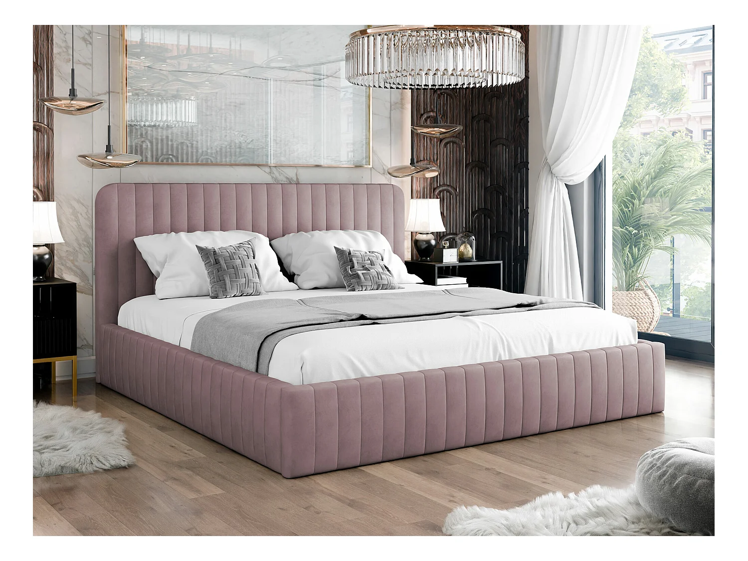 Lit TrendyNest 108, Double, Rose, 140x200, Tapisserie, Sommier à lattes, 151x212x106cm