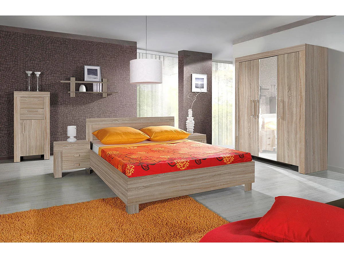 Cama Melfeli 119, Doble, De color marrón claro, 160x200, Aglomerado laminado, Somieres,