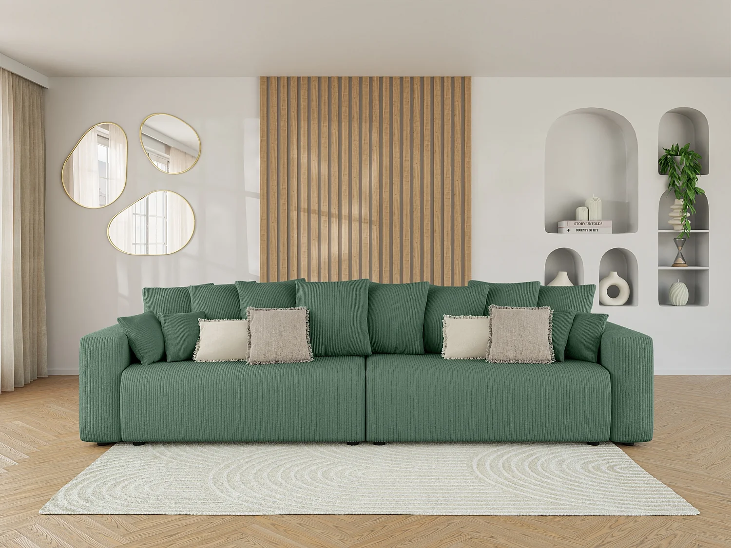Canapé droit XL LEA convertible velours côtelé vert 3 places