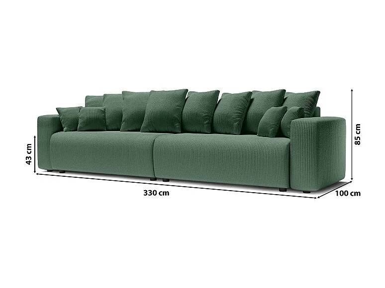 Canapé droit XL LEA convertible velours côtelé vert 3 places