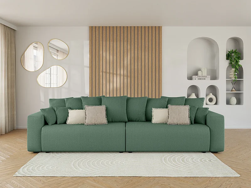 Canapé droit XL LEA convertible velours côtelé vert 3 places