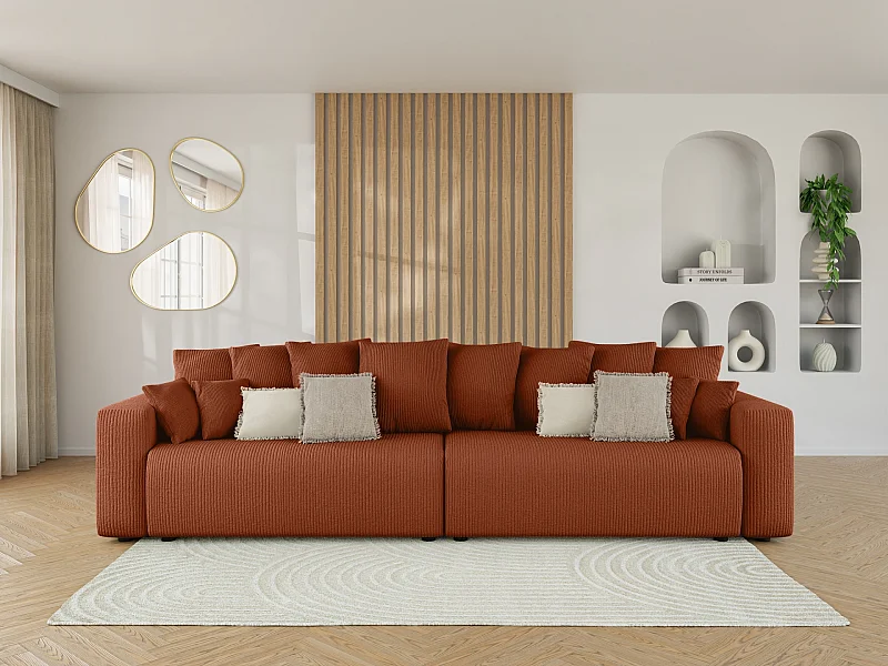 Canapé droit XL LEA convertible velours côtelé terracotta 3 places