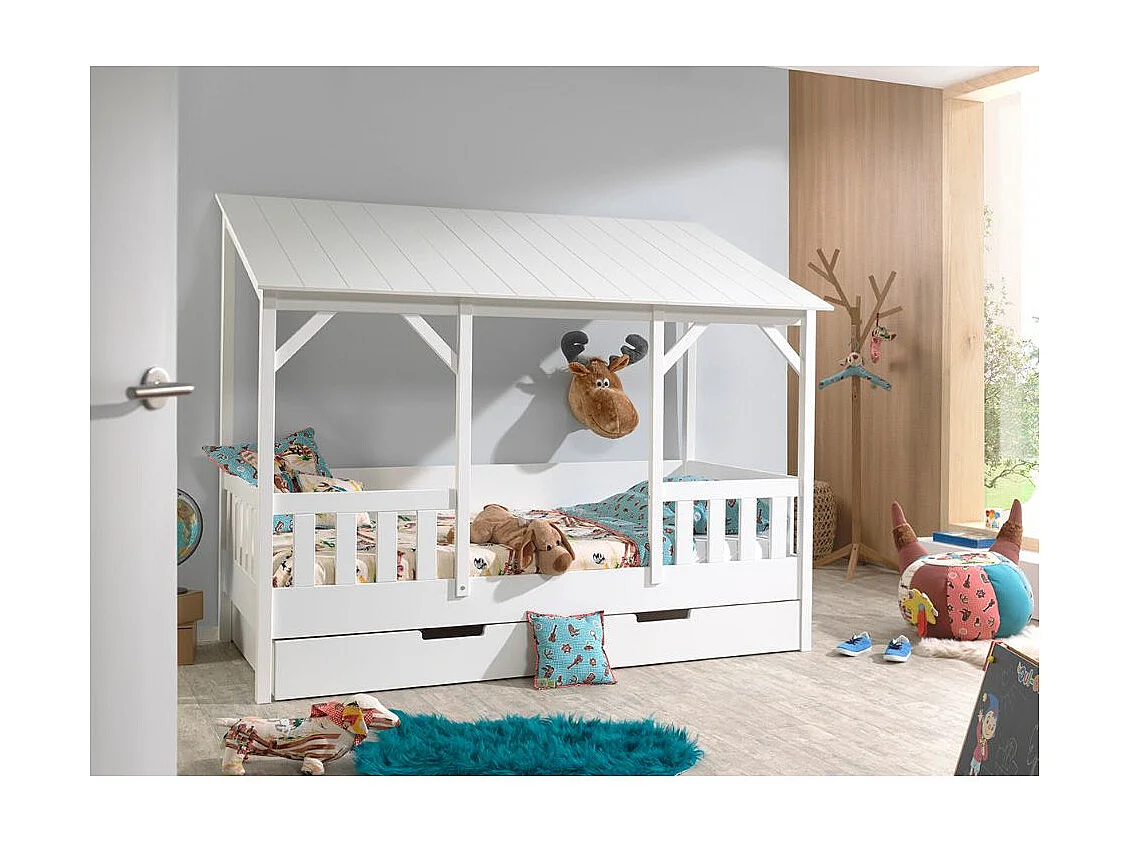 Pack - Lit Cabane Enfant & Tiroir "Housebed III" 90x200cm Blanc