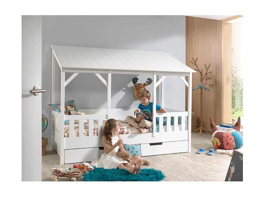 Pack - Lit Cabane Enfant & Tiroir "Housebed III" 90x200cm Blanc