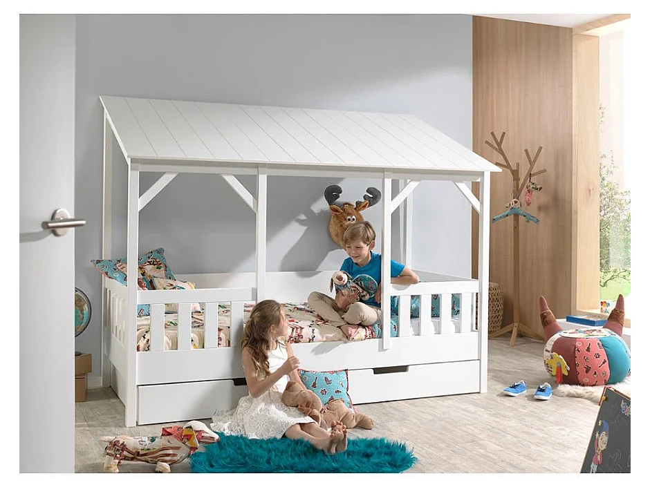 Pack - Lit Cabane Enfant & Tiroir "Housebed III" 90x200cm Blanc