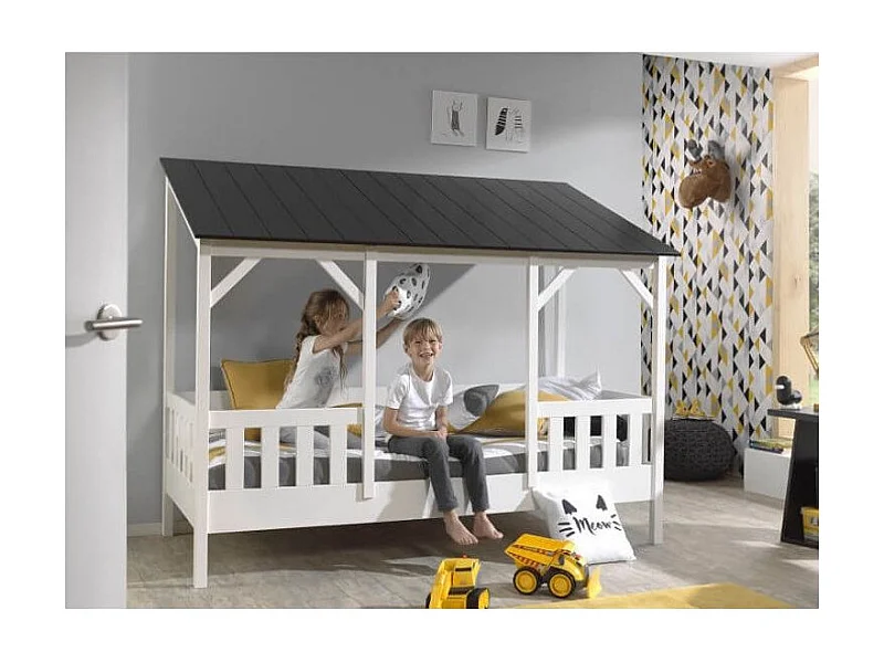 Lit Cabane Enfant en Bois "Housebed III" 90x200cm Blanc & Noir