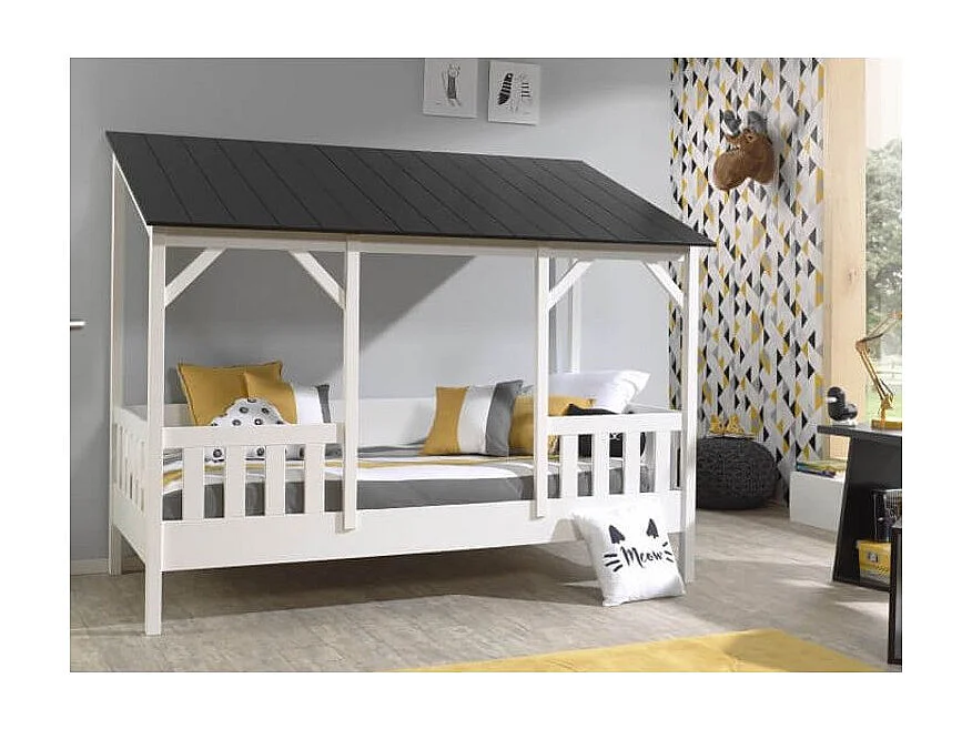 Lit Cabane Enfant en Bois "Housebed III" 90x200cm Blanc & Noir