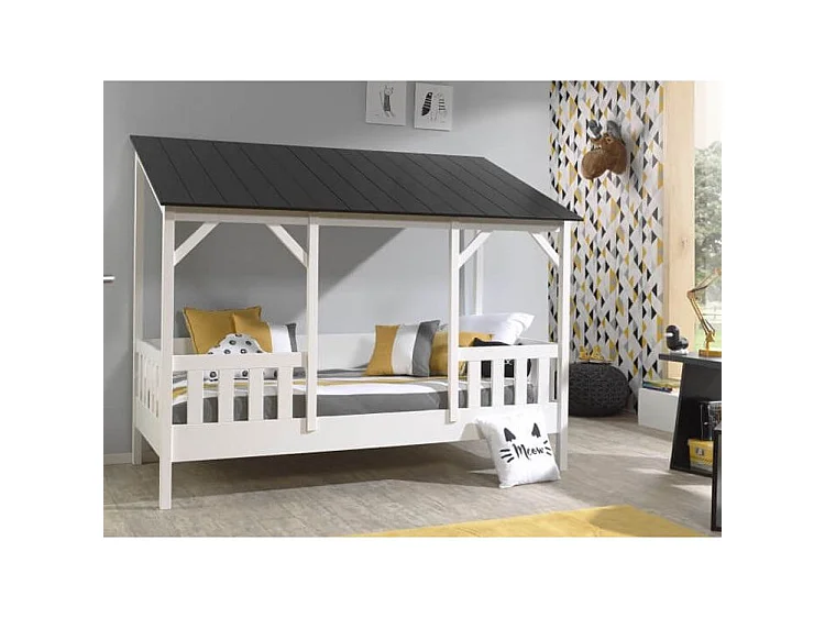 Lit Cabane Enfant en Bois "Housebed III" 90x200cm Blanc & Noir