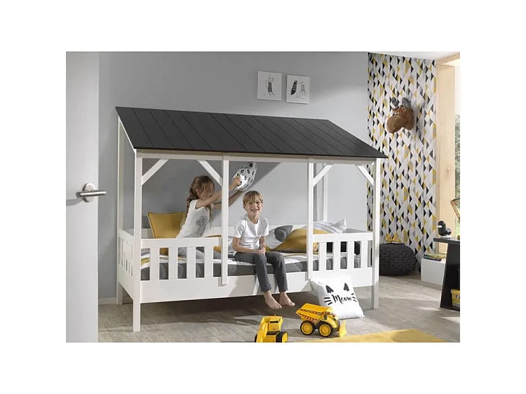 Lit Cabane Enfant en Bois "Housebed III" 90x200cm Blanc & Noir