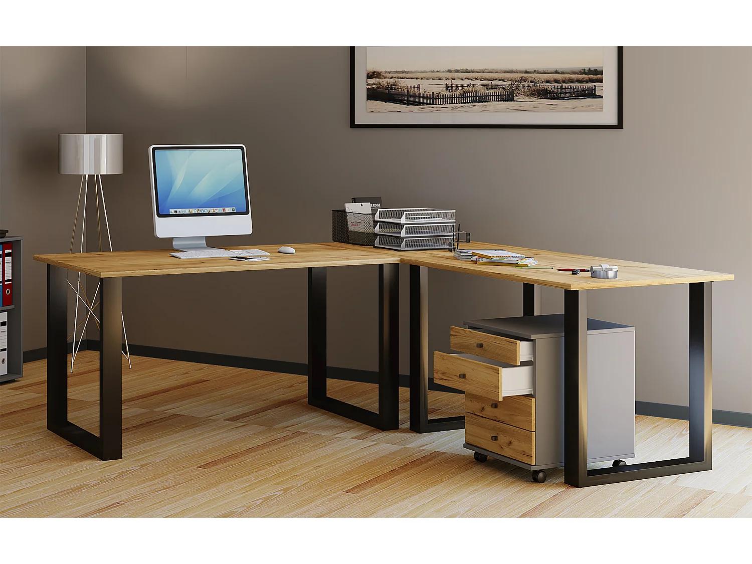 Desk Lona Black / Honey oak H. 76 x W. 160 x D. 130 cm