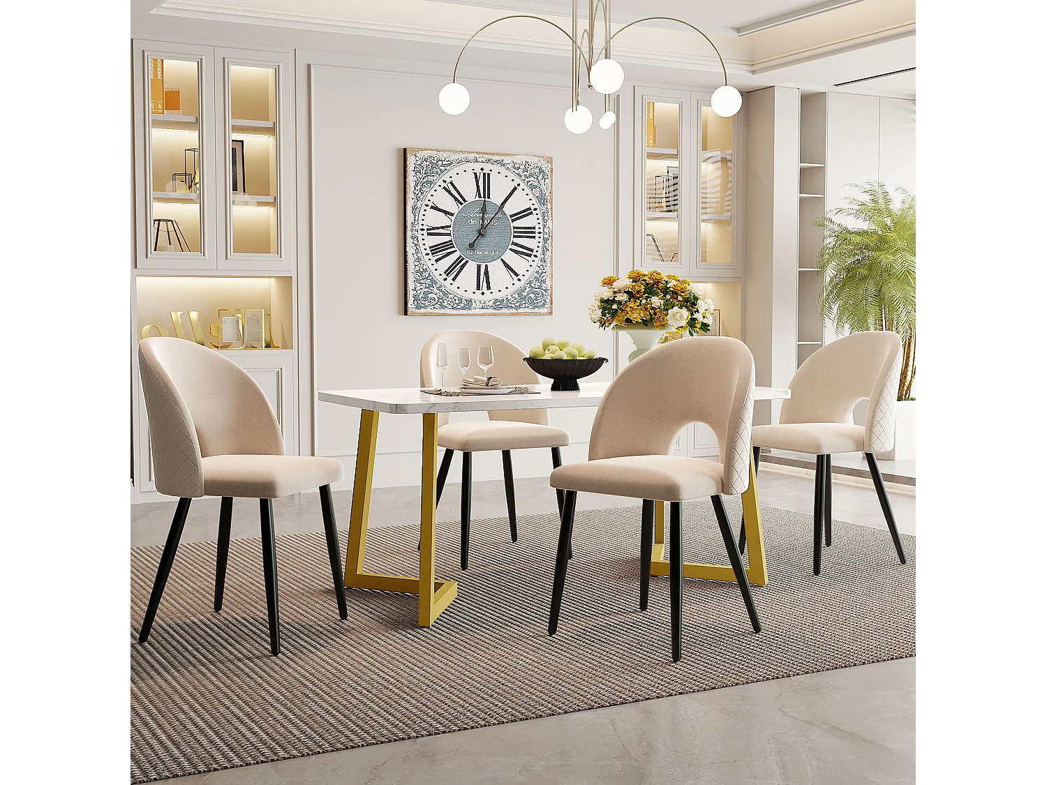 Set tavolo e sedie da pranzo - gambe in metallo - 1 tavolo da pranzo rettangolare + 4 sedie in velluto beige