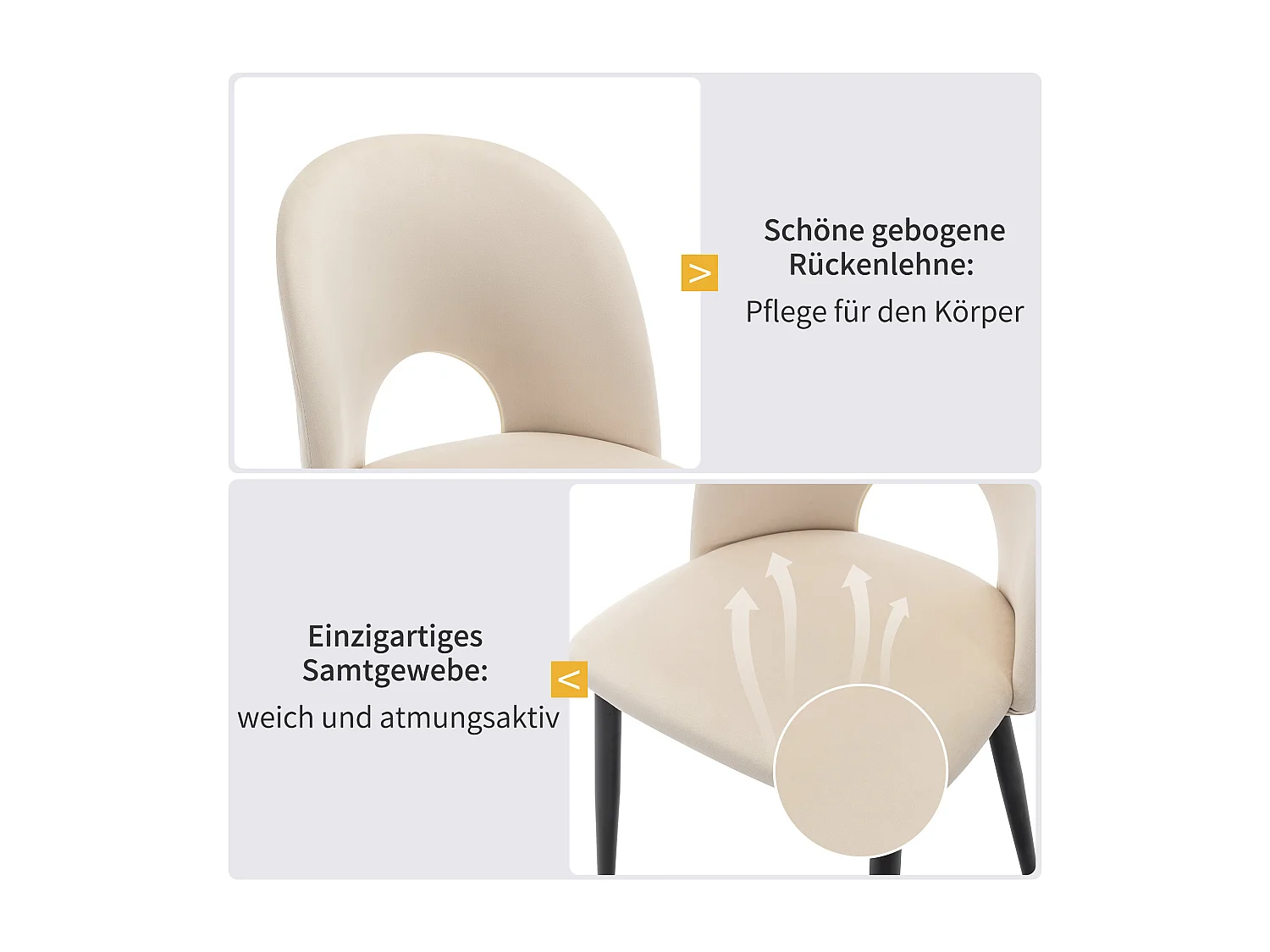 Set tavolo e sedie da pranzo - gambe in metallo - 1 tavolo da pranzo rettangolare + 4 sedie in velluto beige