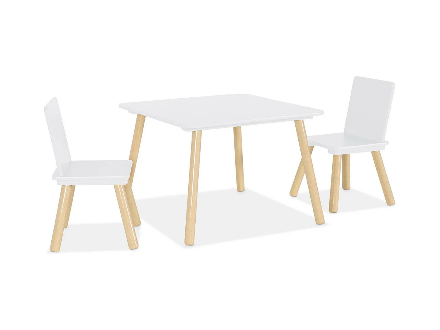Table carrée enfant avec 2 chaises. pieds en pin. blanc