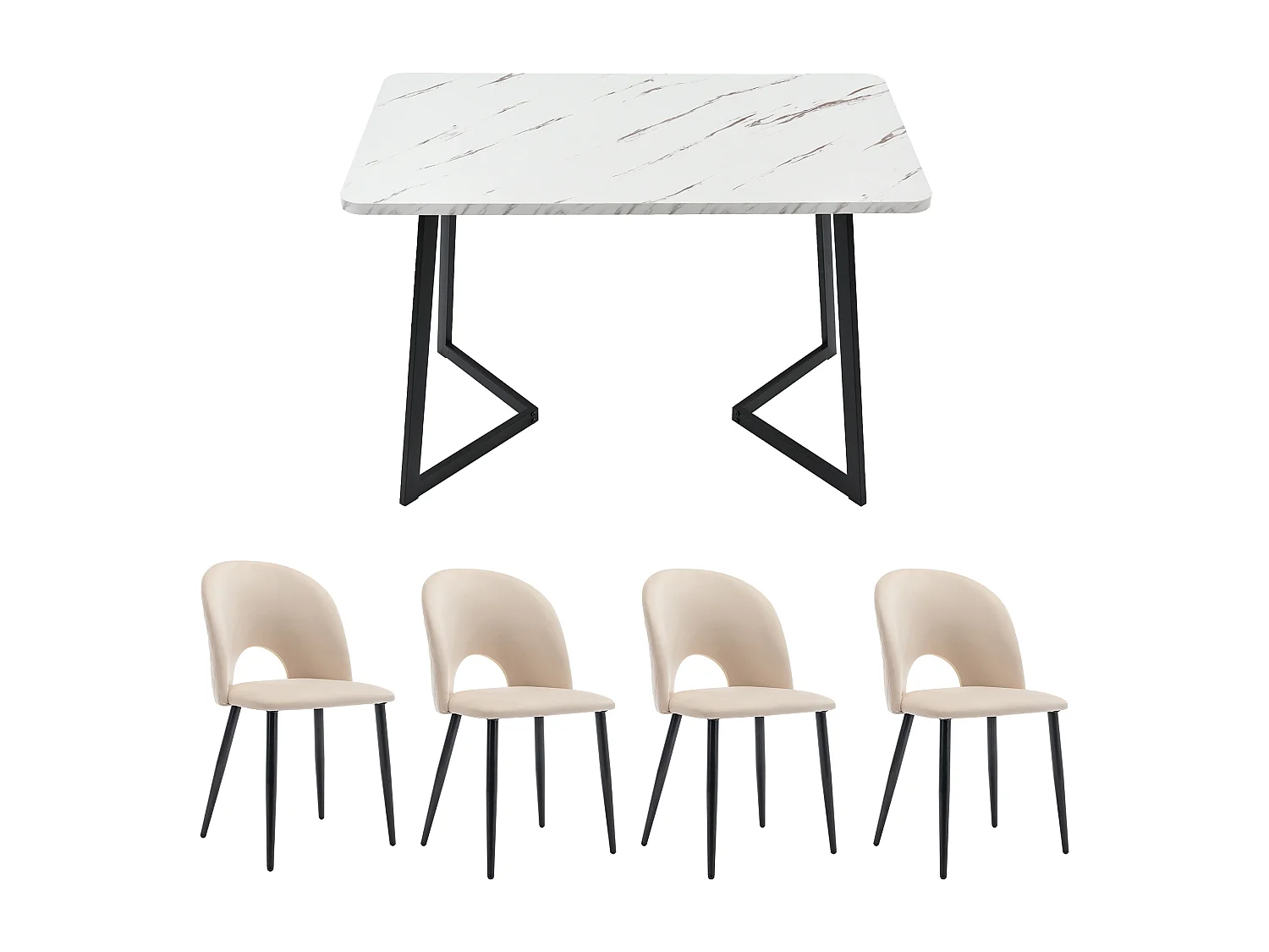 Set tavolo e sedie da pranzo - gambe nere - 1 tavolo da pranzo moderno + 4 sedie in velluto beige
