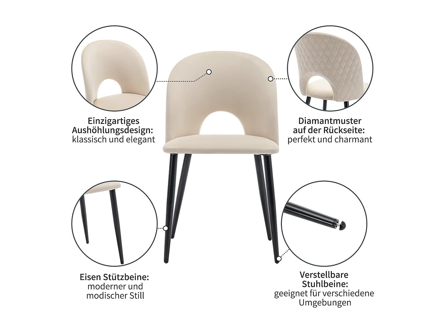 Set tavolo e sedie da pranzo - gambe nere - 1 tavolo da pranzo moderno + 4 sedie in velluto beige