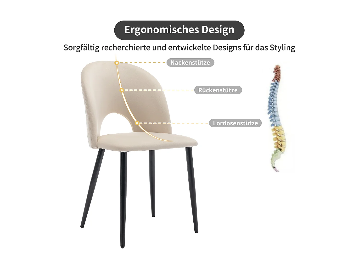 Set tavolo e sedie da pranzo - gambe nere - 1 tavolo da pranzo moderno + 4 sedie in velluto beige