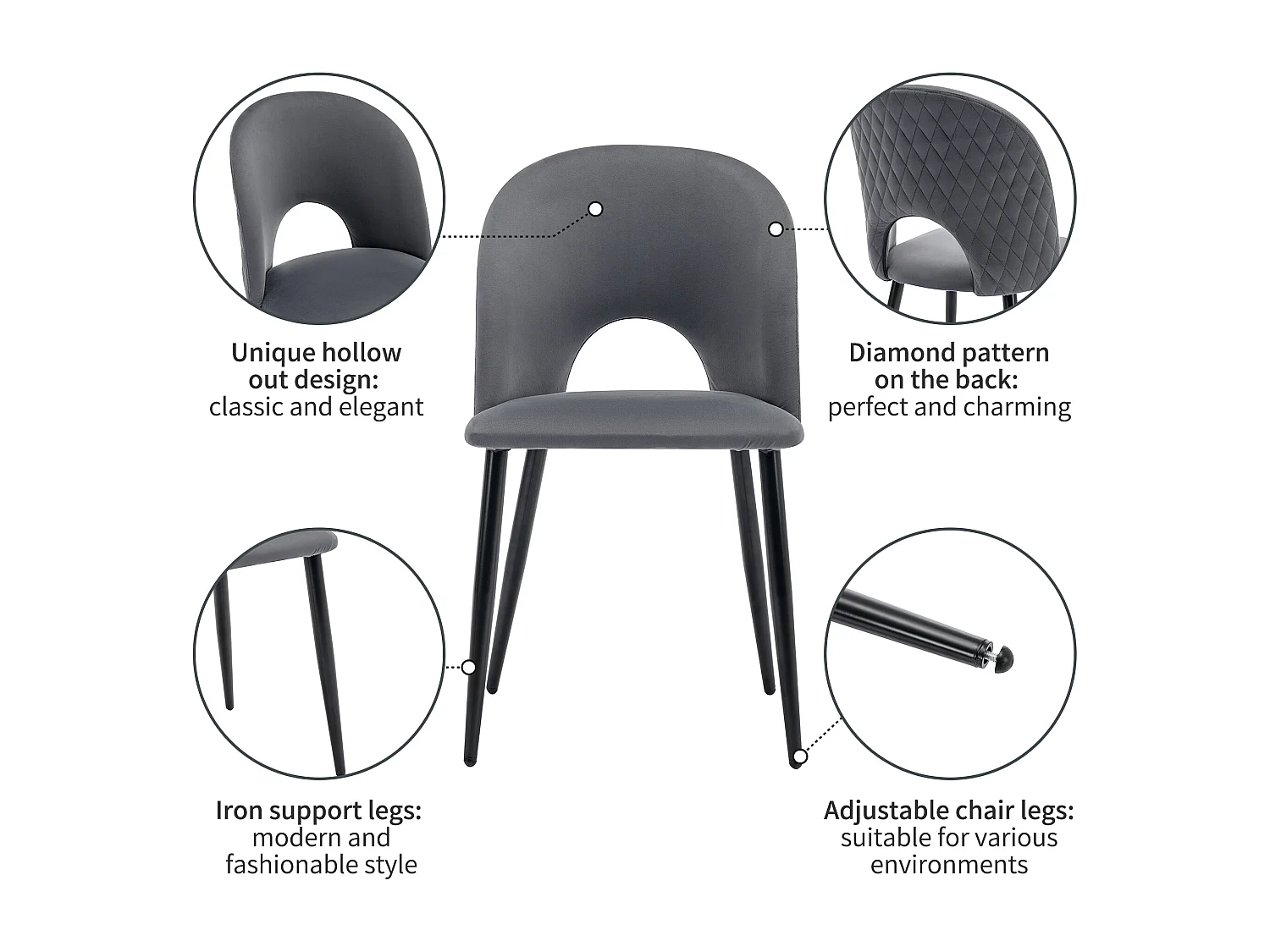 Set tavolo e sedie da pranzo - gambe in metallo - 1 tavolo da pranzo moderno + 4 sedie in velluto grigio