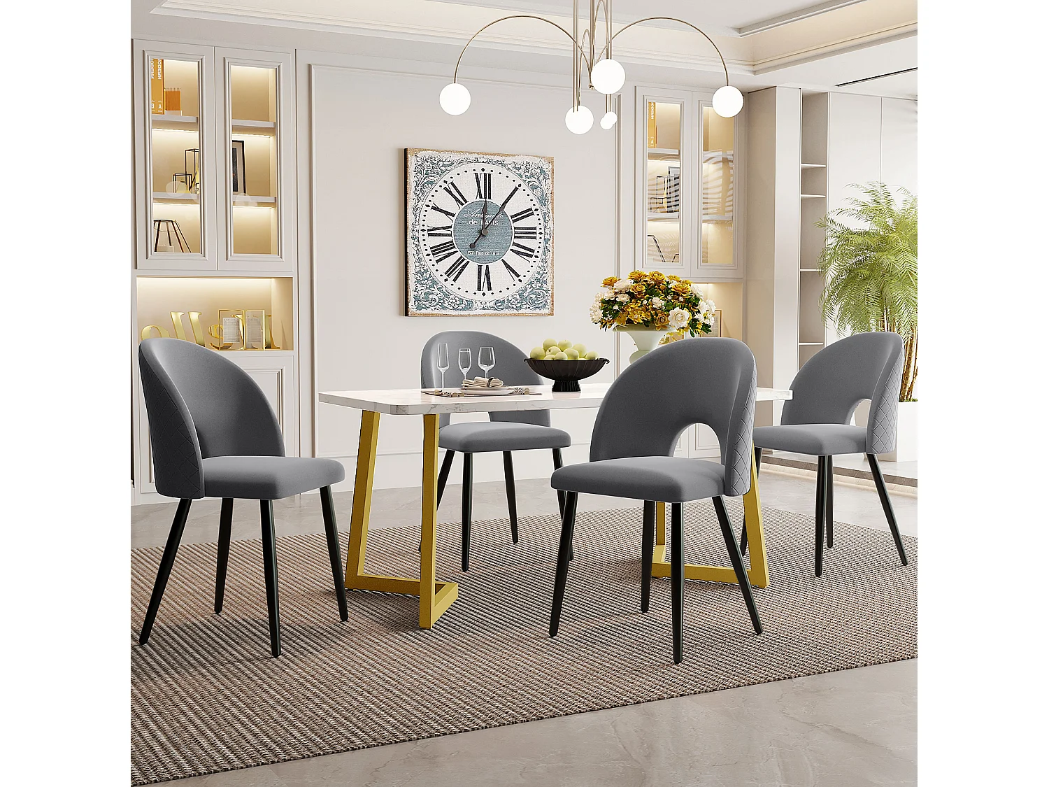 Set tavolo e sedie da pranzo - gambe in metallo - 1 tavolo da pranzo moderno + 4 sedie in velluto grigio