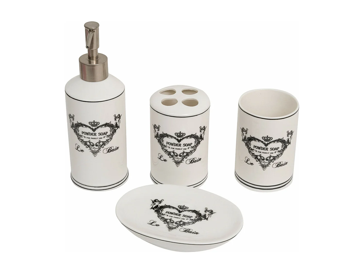 Ensemble lavabo "Powder Soap" 4 pcs | Accessoires de salle de bain, porte-savon liquide et porte-brosse à dents, plateau de rangement et verre de salle de bain