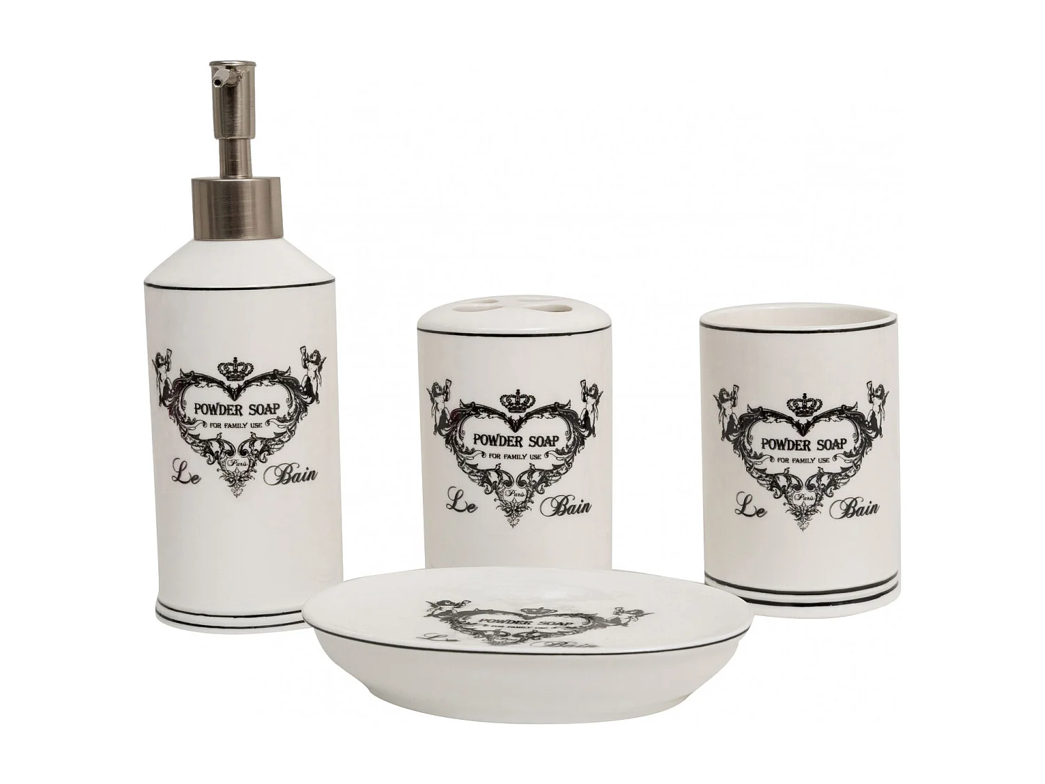 Ensemble lavabo "Powder Soap" 4 pcs | Accessoires de salle de bain, porte-savon liquide et porte-brosse à dents, plateau de rangement et verre de salle de bain