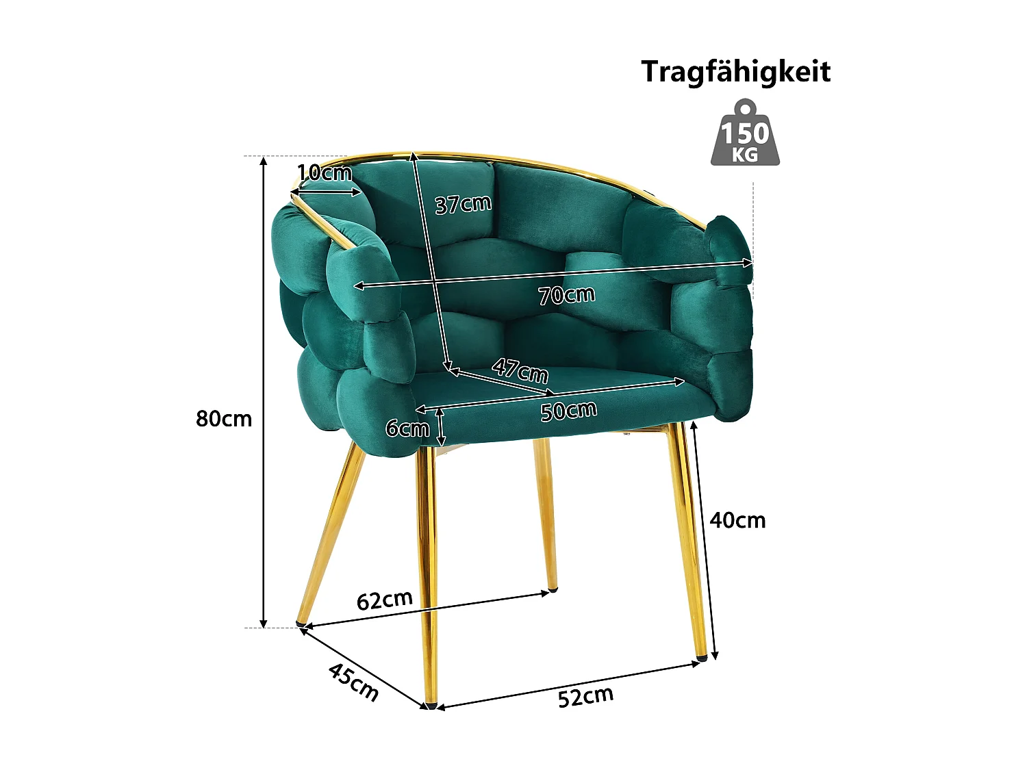 Sillón lounge de terciopelo 52x42x80 cm con patas de metal dorado - Verde