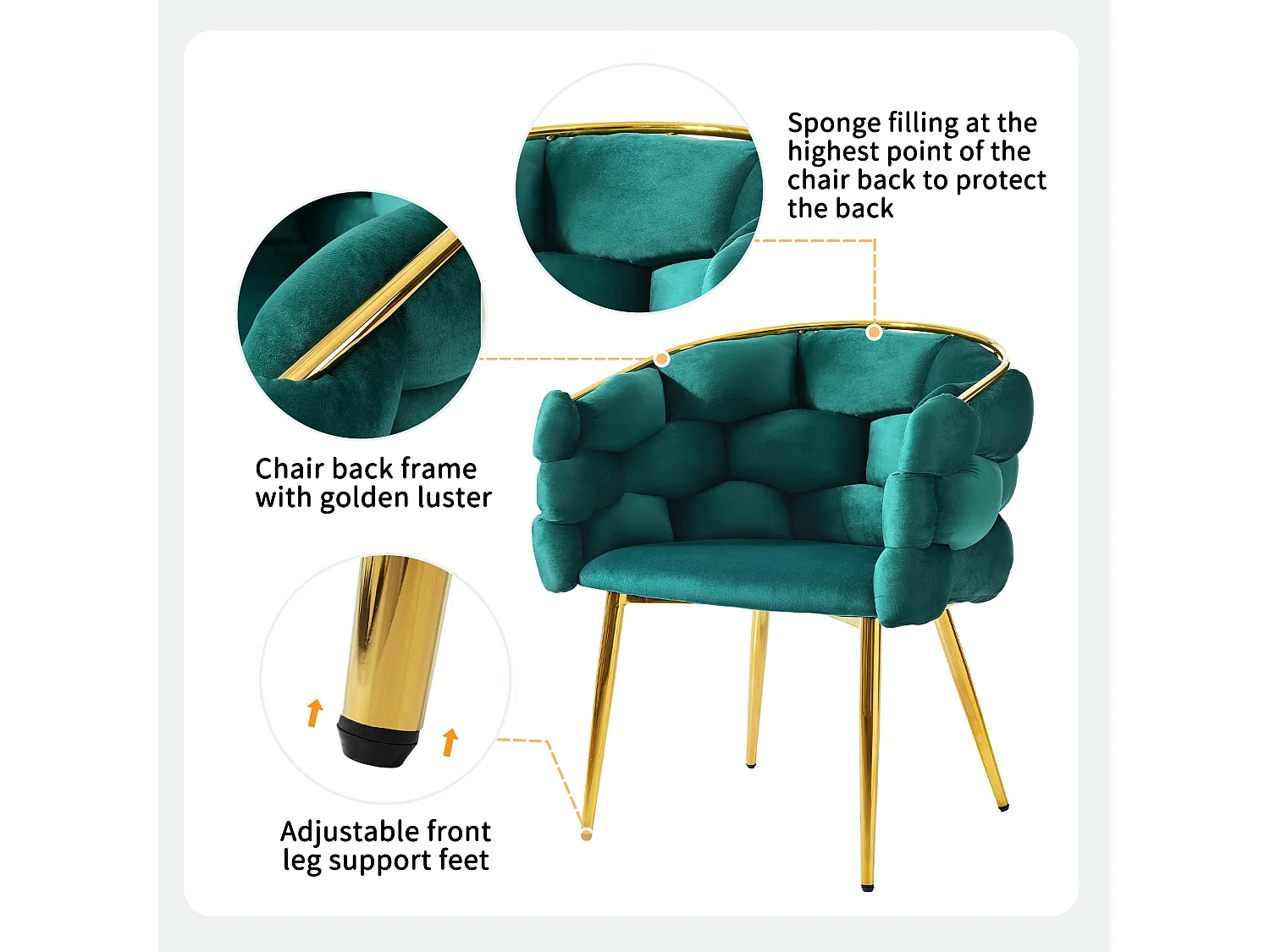 Sillón lounge de terciopelo 52x42x80 cm con patas de metal dorado - Verde