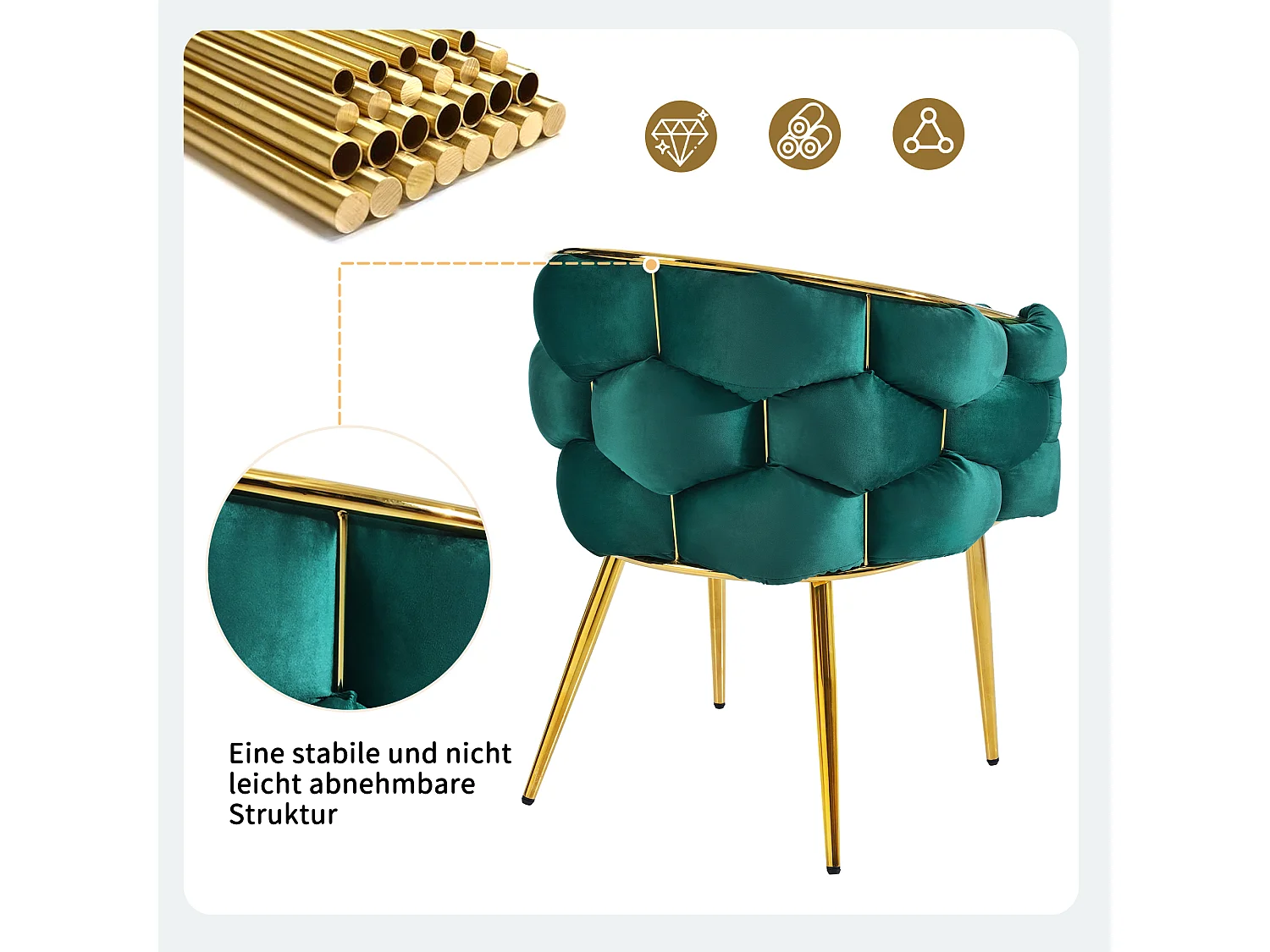 Sillón lounge de terciopelo 52x42x80 cm con patas de metal dorado - Verde