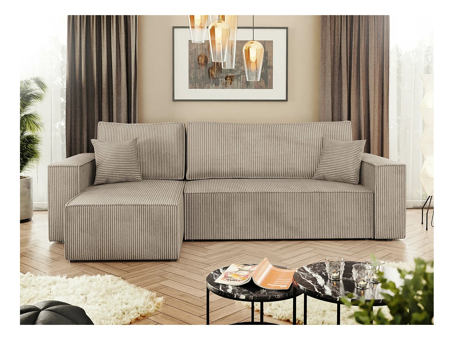 Canapé d'angle Shelton 100, Brun clair, Fonction de couchage, Boîte de literie, 244x145cm