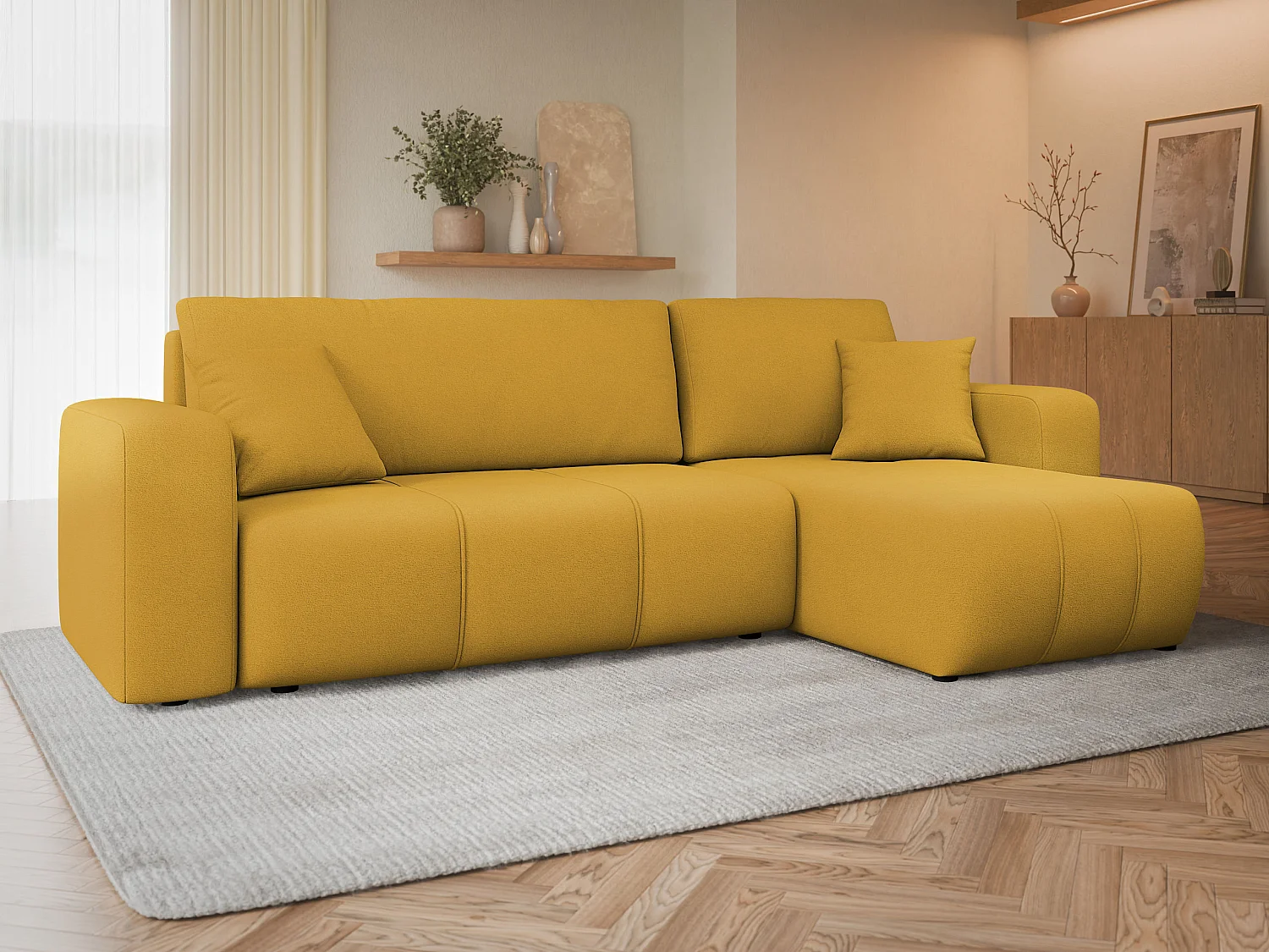 Canapé d'angle convertible 3 places en tissu jaune