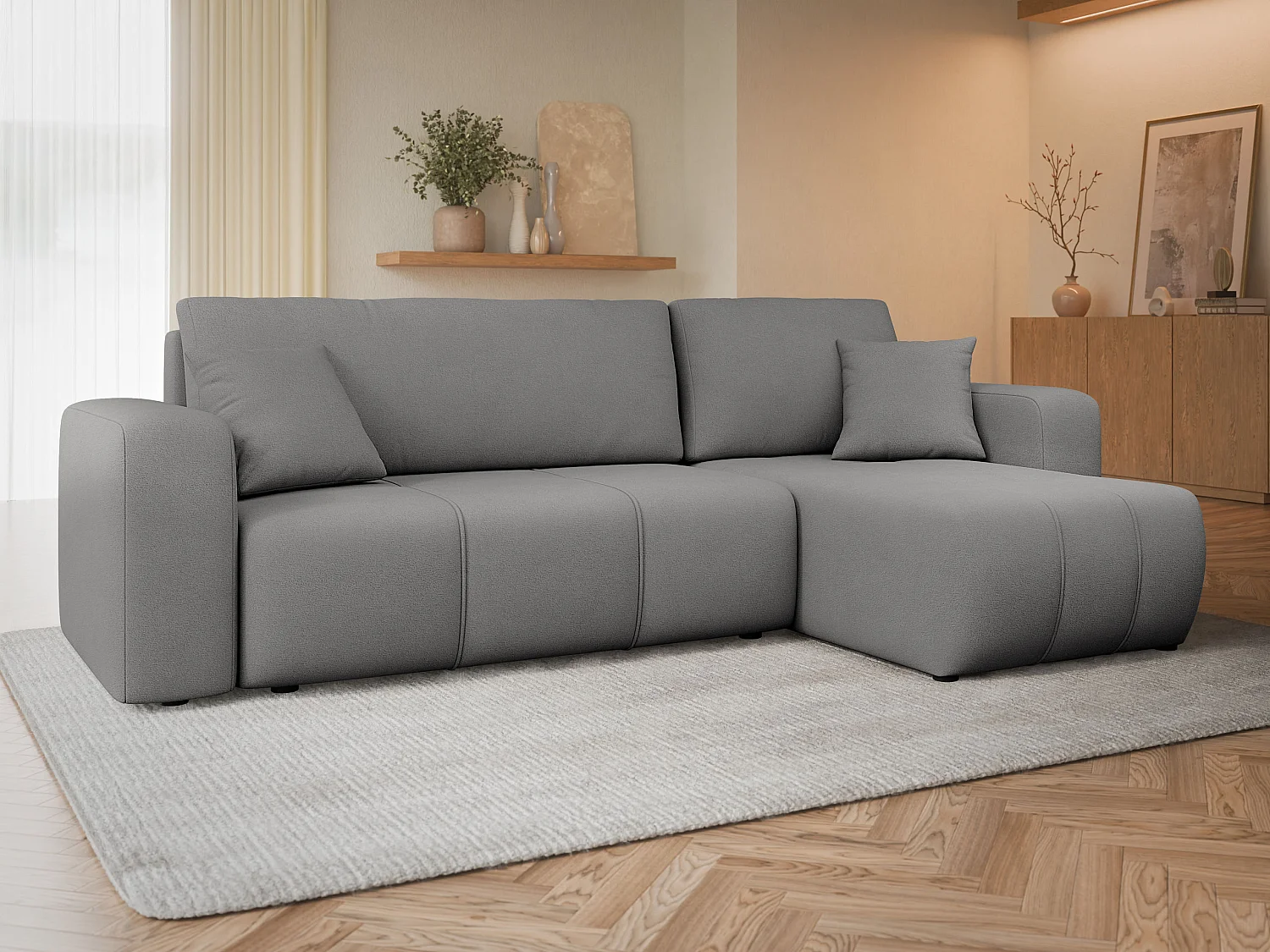 Canapé d'angle convertible 3 places en tissu gris