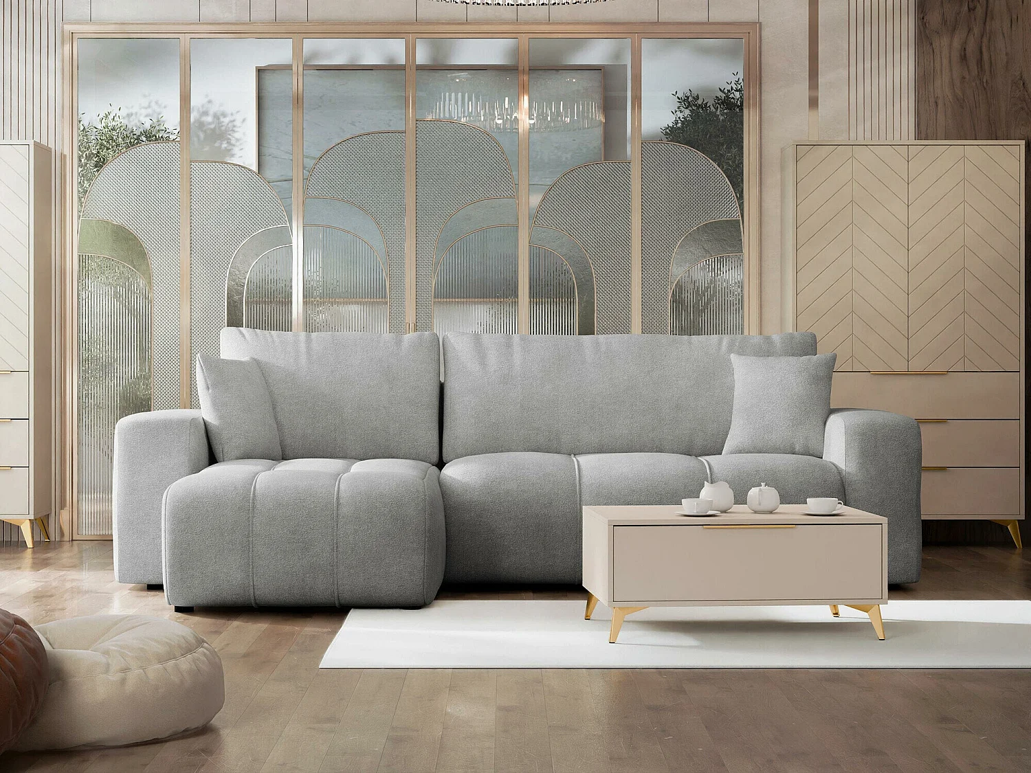 Canapé d'angle Comfivo Laurus, Gris clair, Fonction de couchage