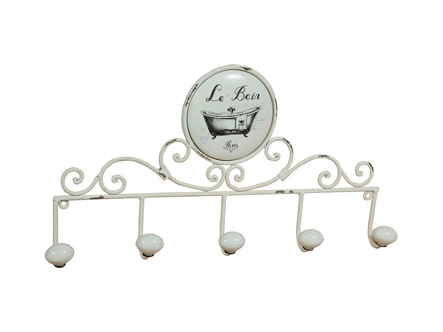 Cintre mural "Le Bain" 48x26x6 cm - Cintre mural avec 5 crochets en fer forgé et porcelaine - Shabby Chic