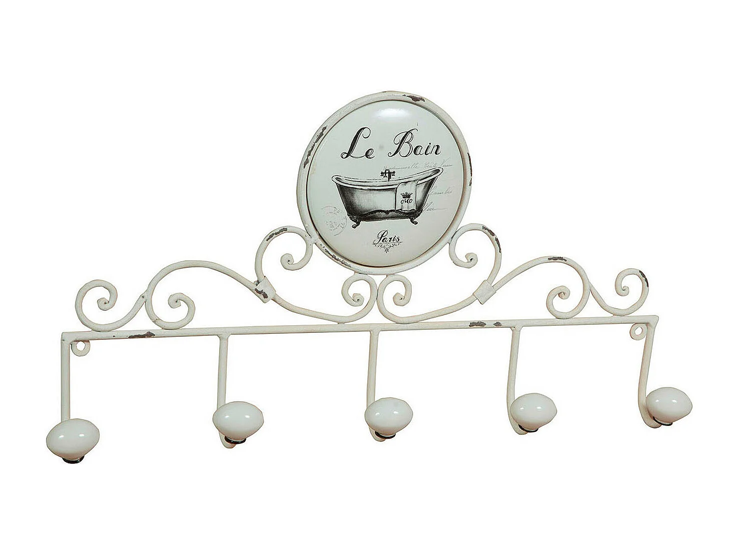 Cintre mural "Le Bain" 48x26x6 cm - Cintre mural avec 5 crochets en fer forgé et porcelaine - Shabby Chic