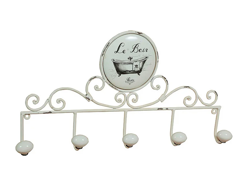 Cintre mural "Le Bain" 48x26x6 cm - Cintre mural avec 5 crochets en fer forgé et porcelaine - Shabby Chic