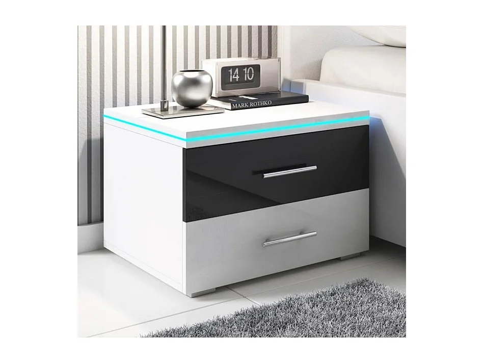 Table de chevet pour Chambre à coucher en Blanc et Noir avec LED 50,3x45,3x36,5cm Paulina