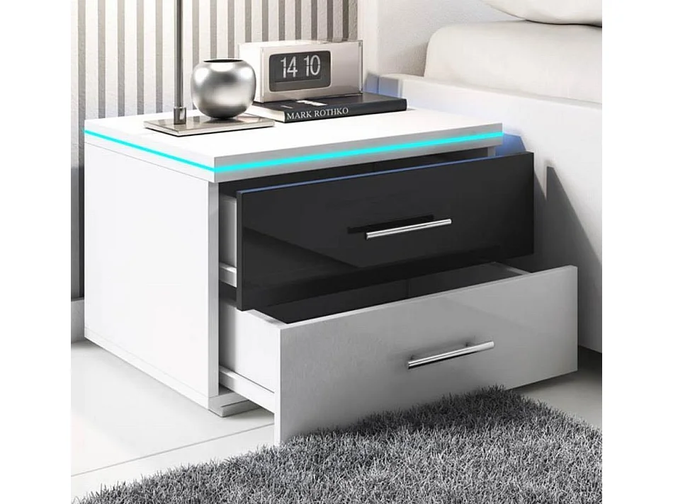 Table de chevet pour Chambre à coucher en Blanc et Noir avec LED 50,3x45,3x36,5cm Paulina