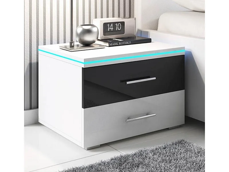 Mesita de noche para Dormitorio en Blanco y Negro con LED 50,3x45,3x36,5cm Paulina