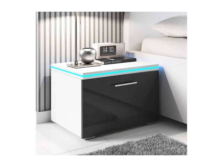 Table de chevet pour Chambre à coucher en Blanc et Noir avec LED 50x45x36,5cm Victoria