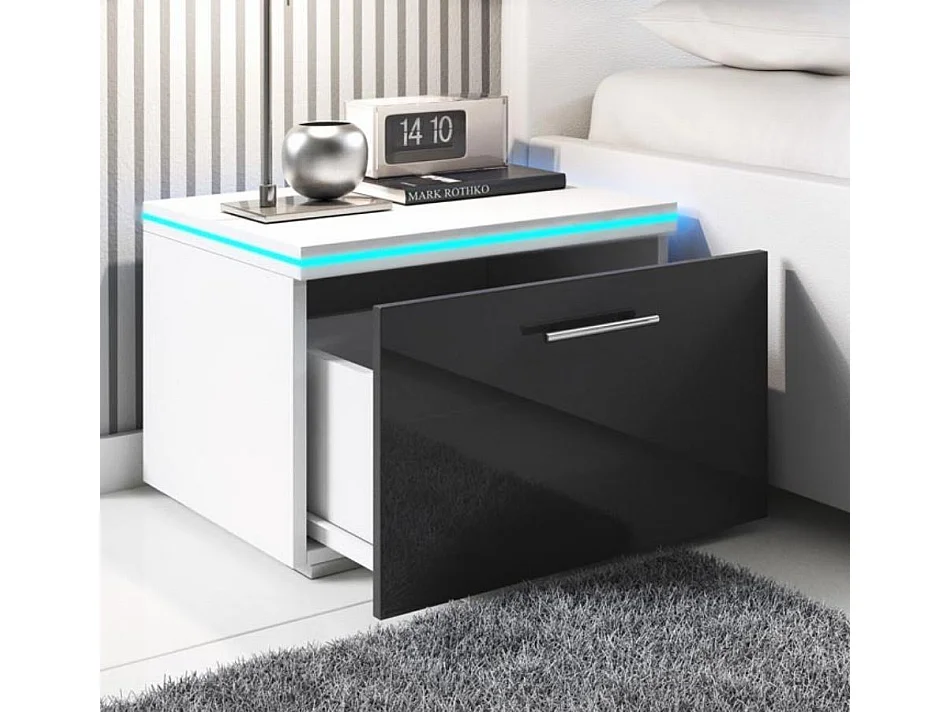 Mesita de noche para Dormitorio en Blanco y Negro con LED 50x45x36,5cm Victoria