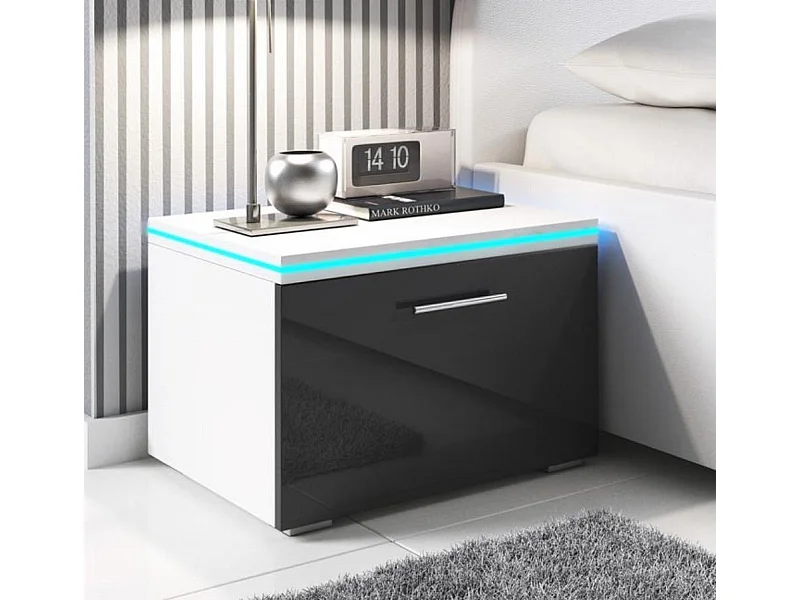 Mesita de noche para Dormitorio en Blanco y Negro con LED 50x45x36,5cm Victoria