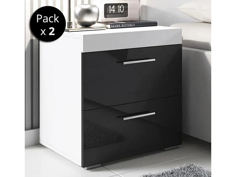 Pack 2 Mesitas de noche para Dormitorio en Blanco y Negro 45x40x50cm Ciro