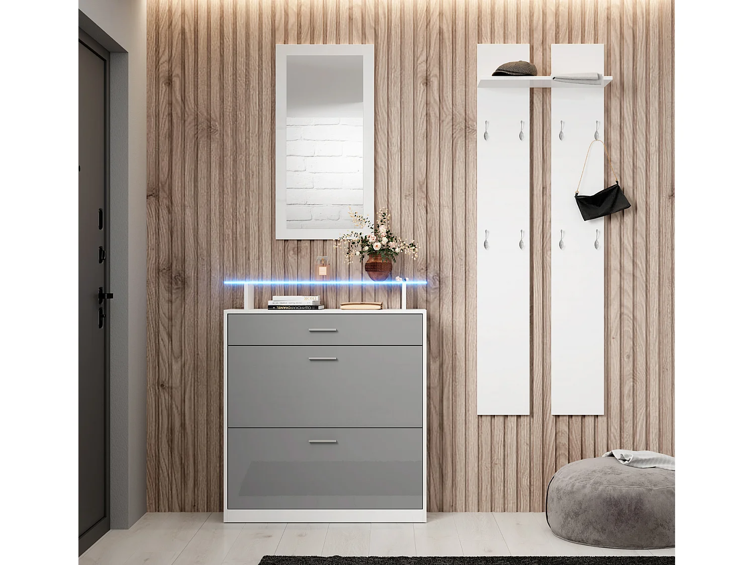 Ensemble d'entrée pour Hall d'entrée Couloir en Blanc et Gris avec LED 105x24x89cm Paola