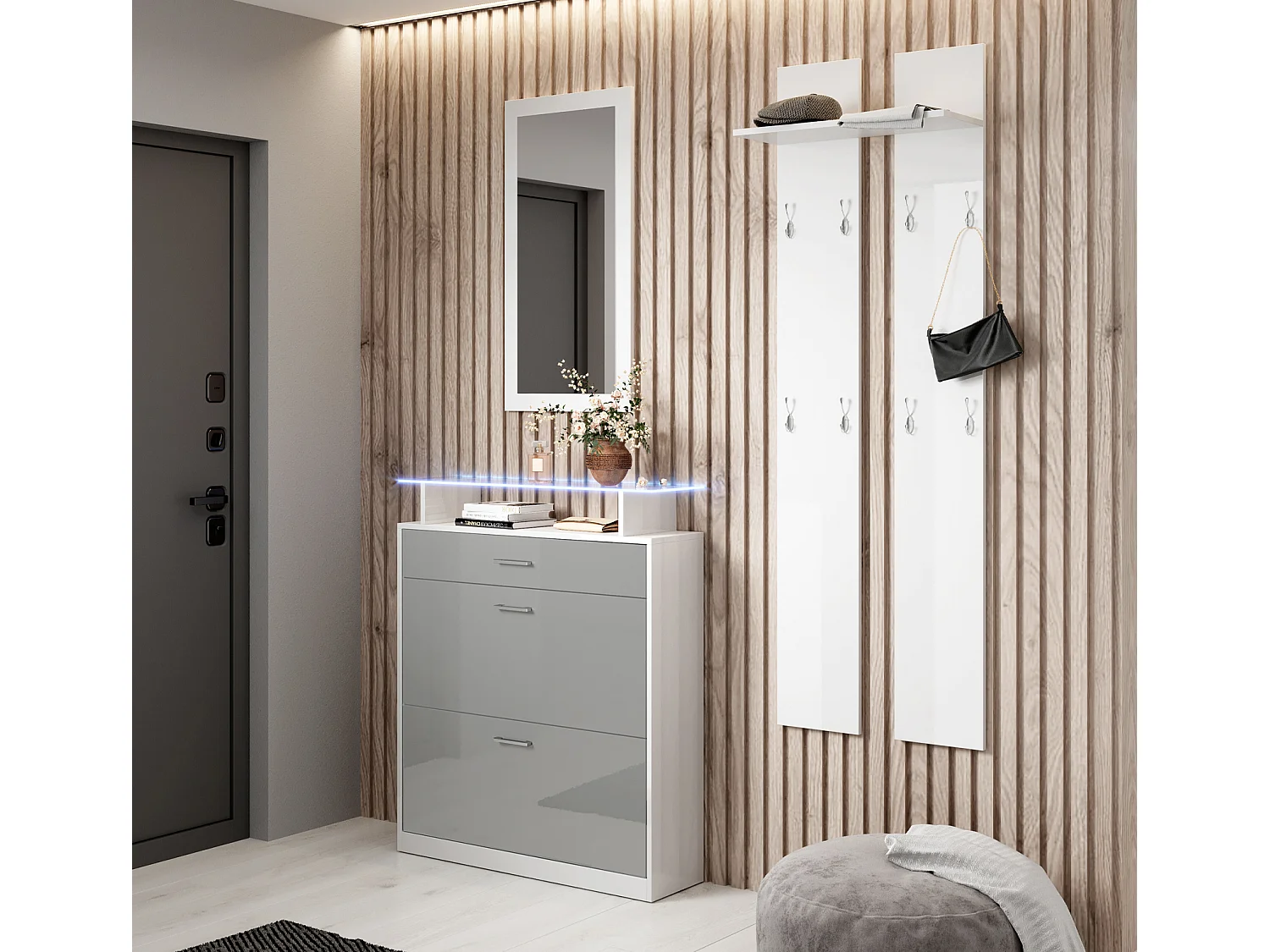 Ensemble d'entrée pour Hall d'entrée Couloir en Blanc et Gris avec LED 105x24x89cm Paola