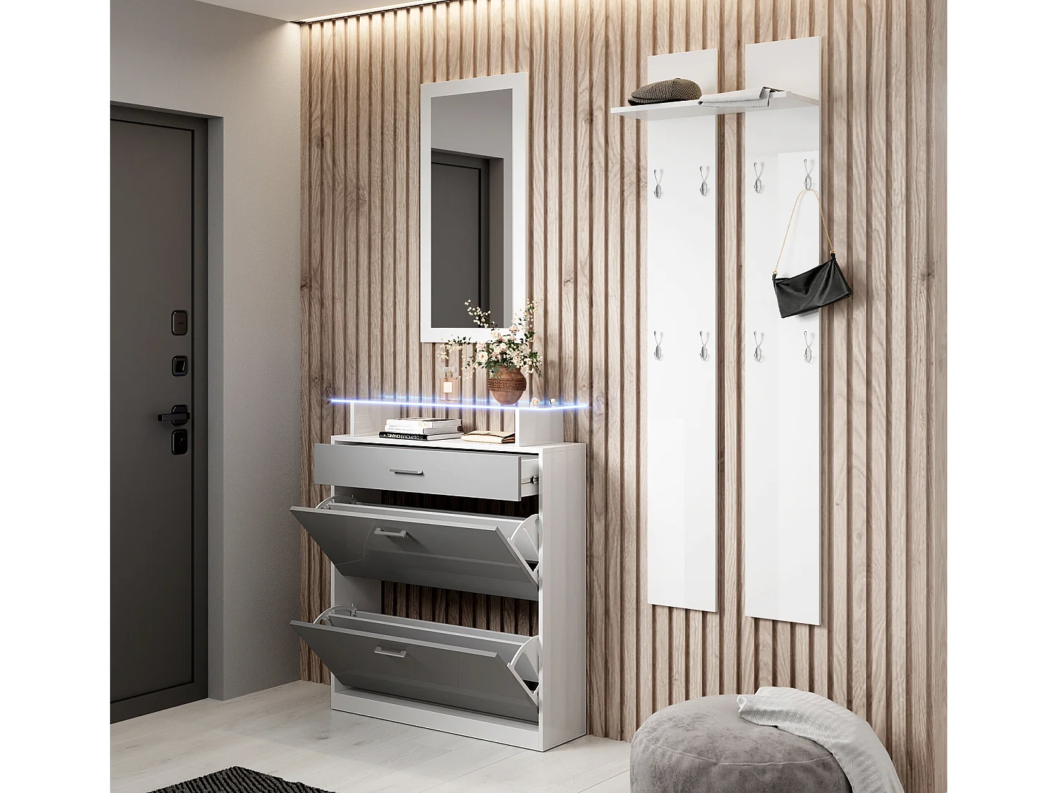 Ensemble d'entrée pour Hall d'entrée Couloir en Blanc et Gris avec LED 105x24x89cm Paola